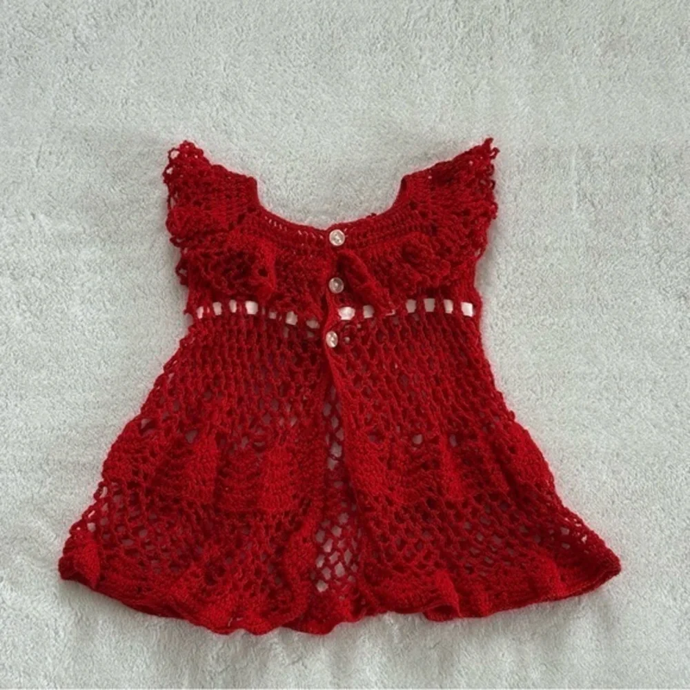Handmade Red Crochet Baby Dress with Ribbon Bow Girls Kid Vintage Heirloom Style